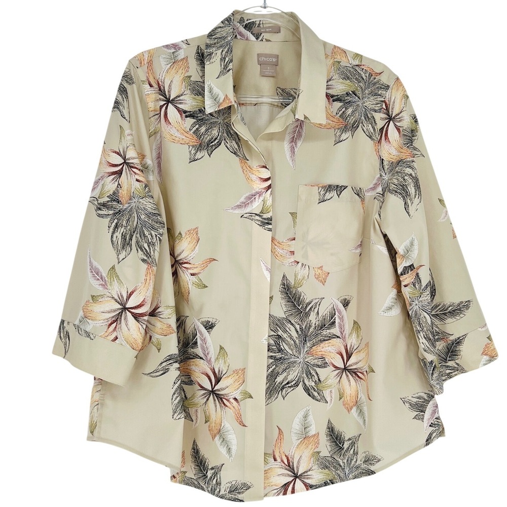 Chicos No Iron Shirt Womens 3 Tan Floral Tropical 3/4 Sleeve Button Up Blouse